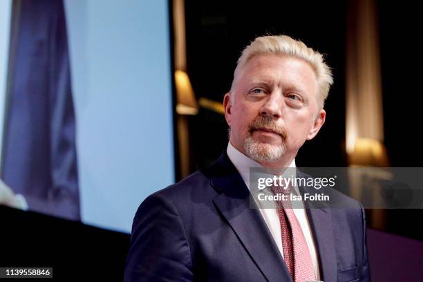 Former German tennis player Boris Becker live on stage during the Gloria - Deutscher Kosmetikpreis at Hilton Hotel on March 30, 2019 in Duesseldorf,...