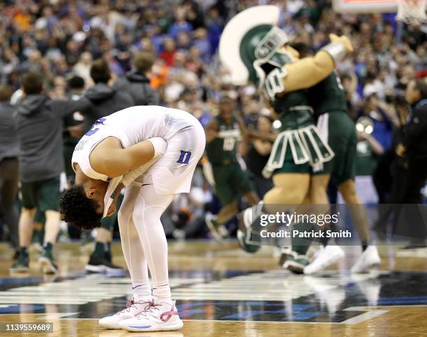 Tre Jones of the Duke Blue Devils reacts after his teams 68-67 loss to the Michigan State Spartans in the East Regional game of the 2019 NCAA Men's...