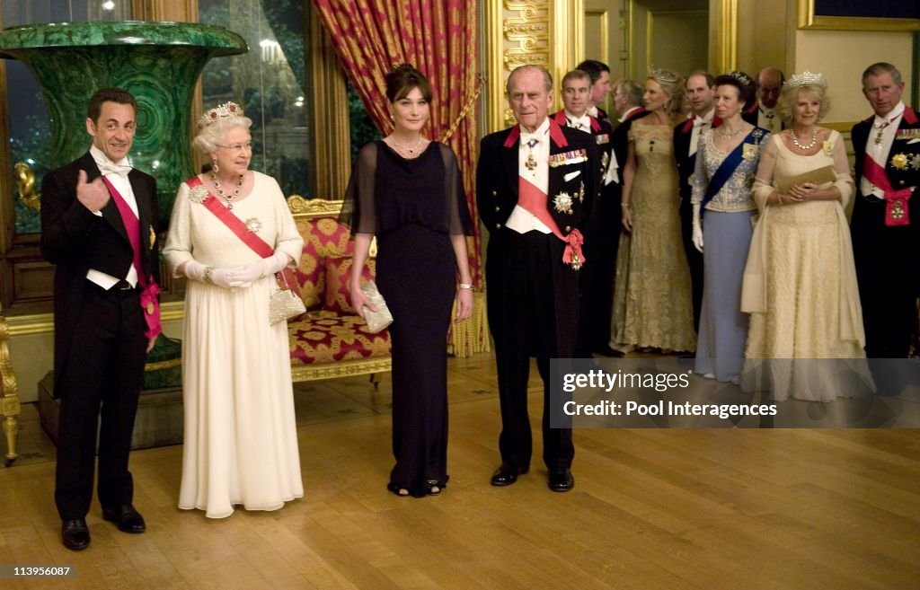 State Diner, State visit of French President Nicolas Sarkozy to England. Nicolas Sarkozy and Carla Bruni Sarkozy are greeted by HRH Queen Elisabeth II and Prince Philip Duke of Windsor in London, United Kingdom on March 26, 2008-