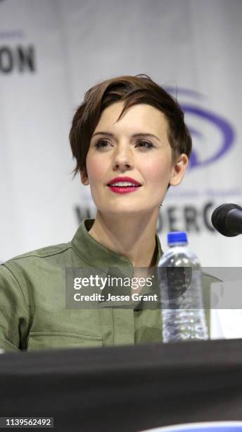 Maggie Grace speaks onstage during the Wondercon "Fear the Walking Dead" panel at Anaheim Convention Center on March 31, 2019 in Anaheim, California.