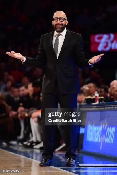 Head coach David Fizdale of the New York Knicks reacts during the first half of the game against the Miami Heat at Madison Square Garden on March 30,...