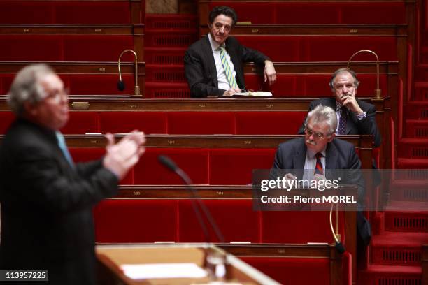 Discussion on the draft law on GMOs to the National Assembly In Paris, France On April 02, 2008-Yves Cochet, Noel Mamere and Andre Chassaigne listen...