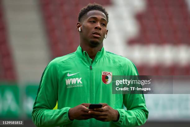 Reece Oxford of FC Augsburg looks on prior to the Bundesliga match between FC Augsburg and Bayer 04 Leverkusen at WWK-Arena on April 26, 2019 in...