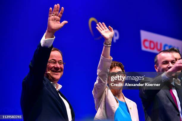 Annagret Kramp-Karrenbauer, head of the German Christian Democrats and Armin Laschett attend a CDU/CSU election campaign rally on April 27, 2019 in...