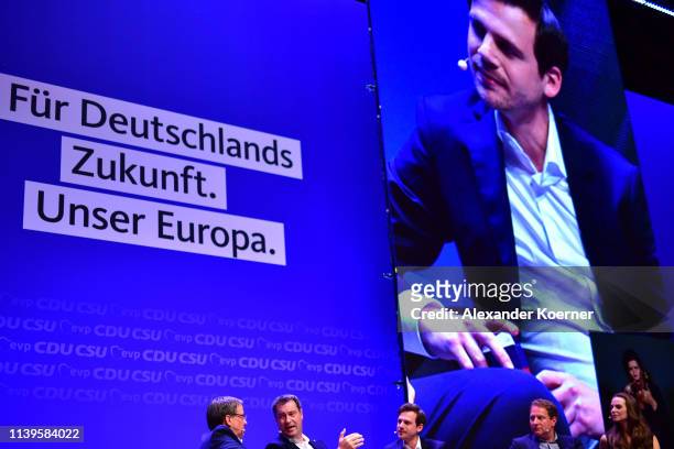 Armin Laschett and Markus Soeder, head of the Bavarian Christian Democrats , attend a CDU/CSU election campaign rally on April 27, 2019 in Munster,...