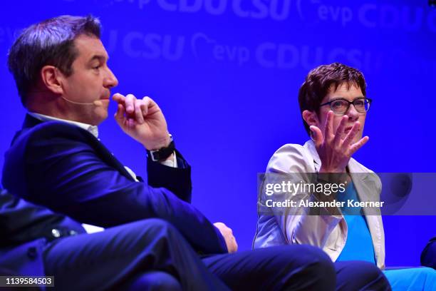 Annagret Kramp-Karrenbauer, head of the German Christian Democrats , and Dr. Markus Soeder attend a CDU/CSU election campaign rally on April 27, 2019...