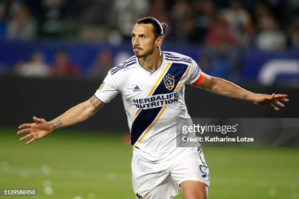 Zlatan Ibrahimovic of Los Angeles Galaxy celebrates his second goal against the Portland Timbers during the second half at Dignity Health Sports Park...