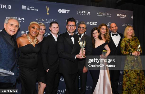 Best Comedy Series winners for "Schitt's Creek" Fred Levy, Karen Robinson, Jennifer Robertson, Noah Reid, Dan Levy, Eugene Levy, Emily Hampshire,...