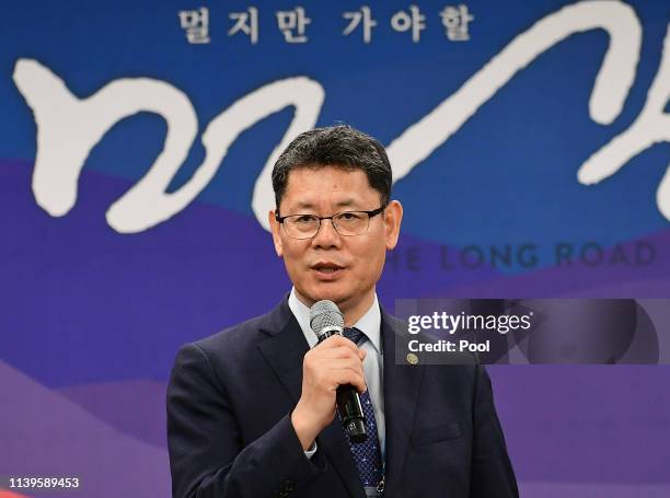 South Korean Unification Minister Kim Yeon Chul speaks during a ceremony to mark the first anniversary of Panmunjom declaration between South Korean...