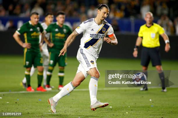 Zlatan Ibrahimovic of Los Angeles Galaxy takes a free kick during the second half against the Portland Timbers at Dignity Health Sports Park on March...