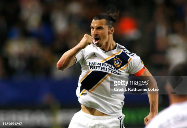 Zlatan Ibrahimovic of Los Angeles Galaxy celebrates a goal during the second half against the Portland Timbers at Dignity Health Sports Park on March...
