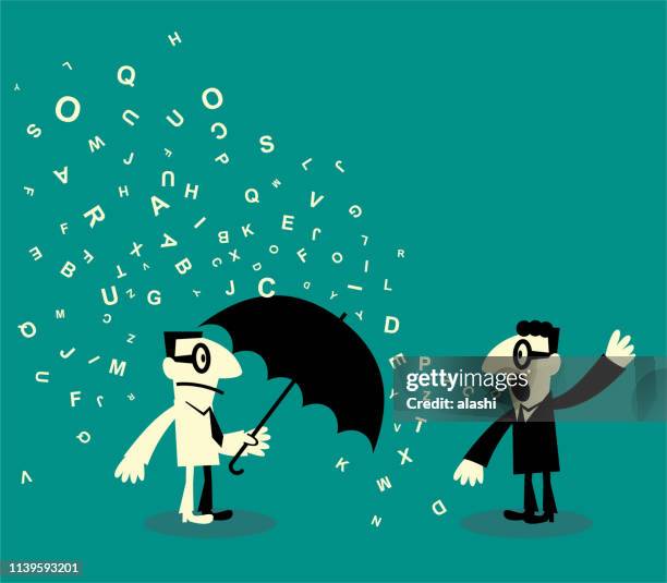 one bored man holding a umbrella and another verbose man talking with a lot of alphabet - unwanted present stock illustrations