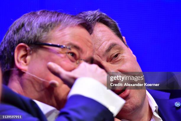 Armin Laschett and Markus Soeder, head of the Bavarian Christian Democrats , attend a CDU/CSU election campaign rally on April 27, 2019 in Munster,...