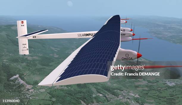 Solar Impulse, inside a virtual flight.In Dubendorf, Switzerland On April 30, 2008-Computer-generated image of the future solar plane 'Solar...