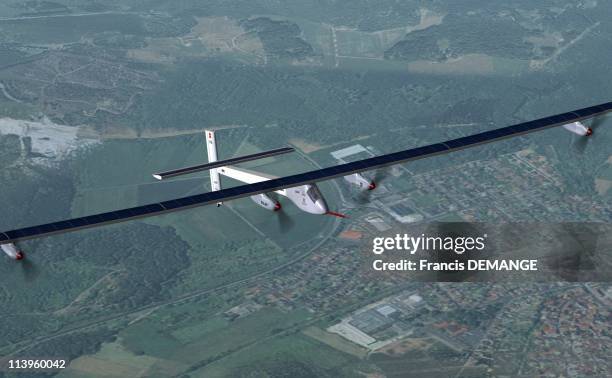 Solar Impulse, inside a virtual flight.In Dubendorf, Switzerland On April 30, 2008-Computer-generated image of the future solar plane 'Solar...