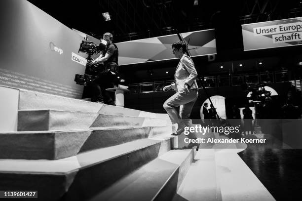 Annagret Kramp-Karrenbauer, head of the German Christian Democrats , Manfred Weber attends a CDU/CSU election campaign rally on April 27, 2019 in...