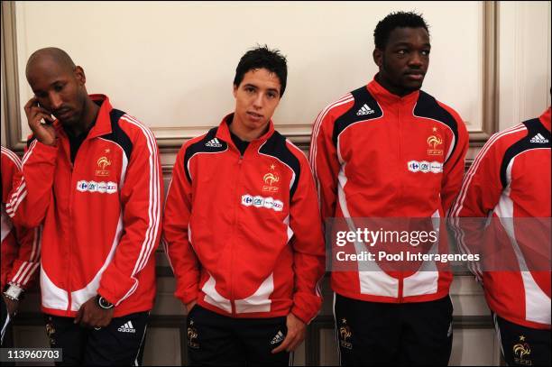 Nicolas Sarkozy visits the French soccer team in Clairefontaine, France on June 02, 2008-From Left to right: Nicolas Anelka, Samir Nasri and Steve...