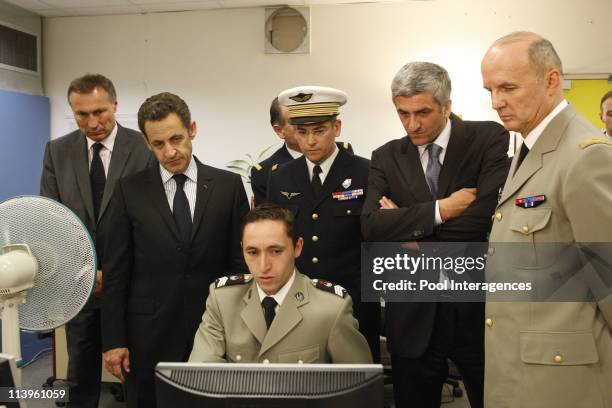 France's President Nicolas Sarkozy visits military airbase in Creil, France on June 17, 2008-France's President Nicolas Sarkozy with Defense Minister...