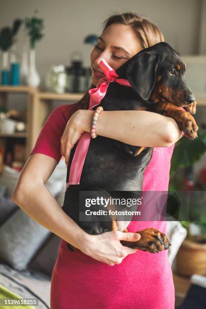 lächelnde junge frau mit doberman welpe - dog knotted in woman stock-fotos und bilder