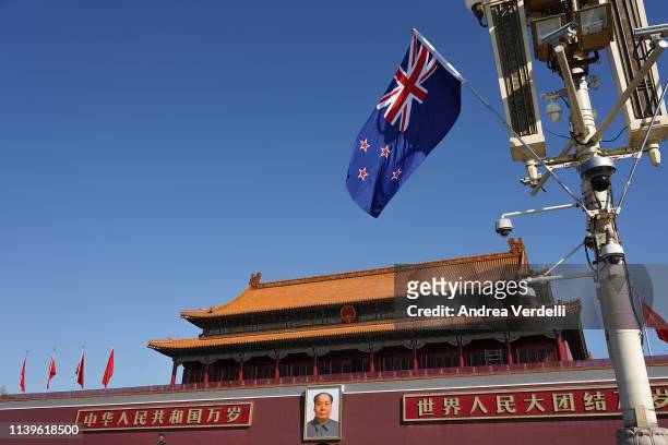 The New Zealand flag waves in Tiananmen Square during the visit of New Zealand Prime Minister Jacinda Ardern to China on April 01, 2019 in Beijing,...
