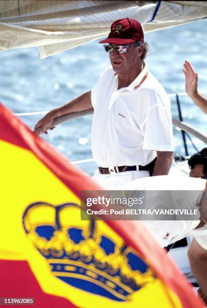 Spanish Royal Family on Holiday in Palma, Spain On August 01, 1995-King Juan Carlos of Spain taking part in the annual Copa Del Rey sailing regatta .