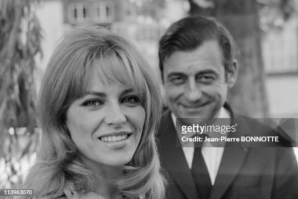 On the set of the movie Cop Out in Paris, France in June, 1967-French actress Nathalie Delon with male counterpart Francois Perier on the set of...