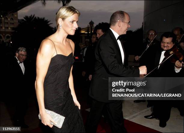 First official appearance of Charlene Wittstock with Prince Albert of Monaco at the Automobile Club party following the F1 Grand Prix in Monaco City,...