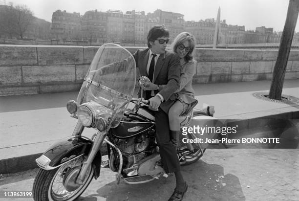 On the set of the movie La Lecon Particuliere in Paris, France in May, 1968-Alain Delon encourages his actress wife Nathalie during the shooting of...