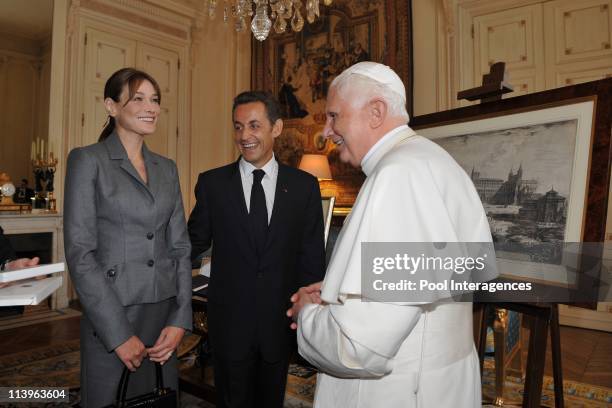 Pope Benedict's four-day visit in France : gift ceremony at Elysee Palace In Paris, France On September 12, 2008-French President Nicolas Sarkozy,...