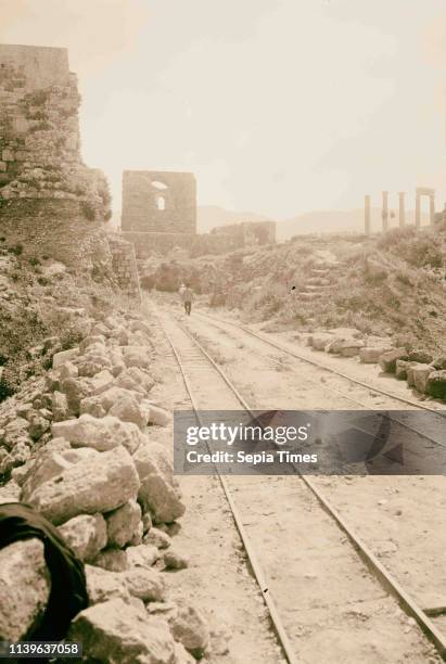 Byblos Jebeil. Byblos. Glimpse of ruins, Crusader Castle in distance. 1936, Lebanon, Jubayl