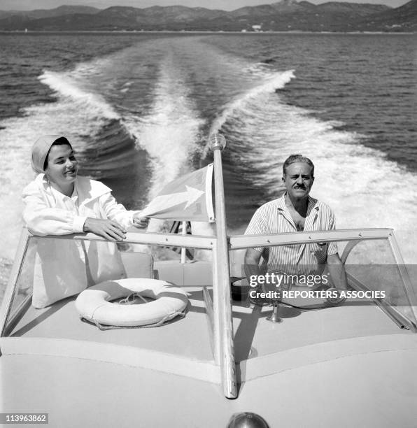 Designer Raymond Loewy on holiday in Southern France with wife Viola In Saint Tropez, France In 1960-Aboard his boat with young wife Viola, 28.