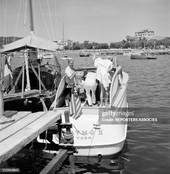 Designer Raymond Loewy on holiday in Southern France with wife Viola In Saint Tropez, France In 1960-Aboard his boat.