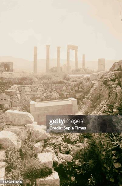 Jebeil . Ruins of Biblos showing colonnade and large sarcophagus. 1920, Lebanon, Byblos