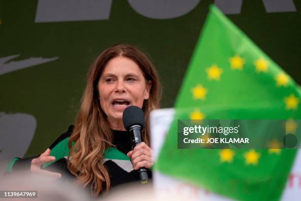 Sarah Wiener, top candidate of Austrian Green Party and television's celebrity chef, delivers her speech during the EU Parliamentary election rally...