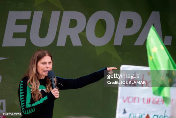Sarah Wiener, top candidate of Austrian Green Party and television's celebrity chef, delivers her speech during the EU Parliamentary election rally...