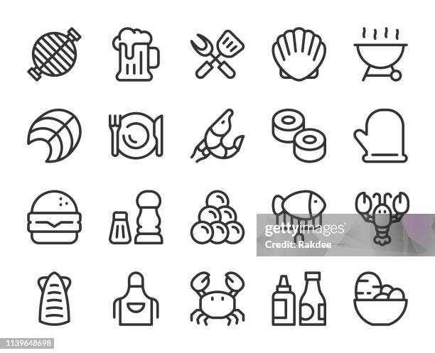 seafood and grilled - line icons - shrimp with lobster sauce stock illustrations