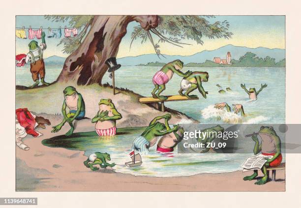 frog bath, nostalgic animal caricature, chromolithograph, published in 1888 - lithograph stock illustrations stock illustrations