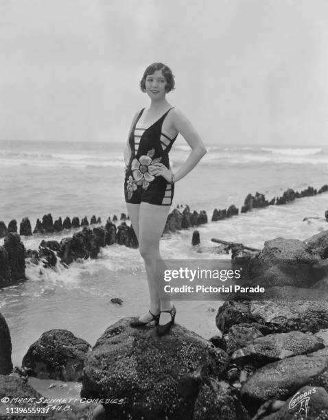 American actress Thelma Parr , star of several Mack Sennett comedies as one of the Sennett Bathing Beauties, circa 1927.