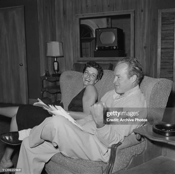 American actress Jane Russell with actor and comedian Bob Hope during an appearance on 'The Bob Hope Show', May 1955.