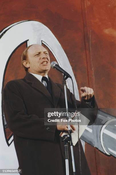 British politician Neil Kinnock, the Leader of the Labour Party, addresses a CND rally in Hyde Park, London, 22nd October 1983.