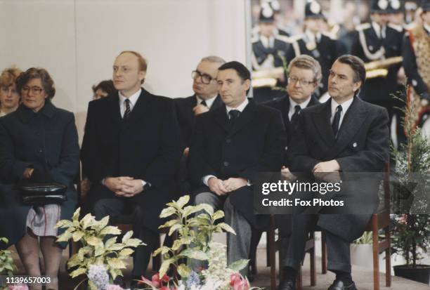 From left to right, Labour Party leader Neil Kinnock, Liberal Party leader David Steel, and Social Democratic Party leader David Owen attend the...