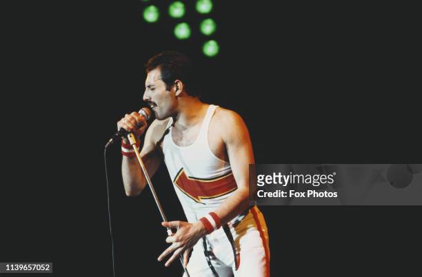 British singer and songwriter Freddie Mercury of rock band Queen performs at Leeds Football Club, England, 29th May 1982.