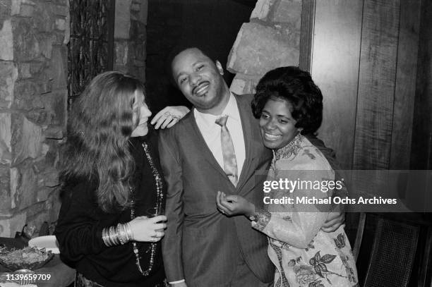 American blues and soul singer Janis Joplin and soul singer Carla Thomas at the Stax Records Christmas party in Memphis, Tennessee, 20th December...