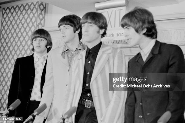English rock group the Beatles hold a press conference at the Warwick Hotel in New York City, before a concert at the Shea Stadium, 22nd August 1966....