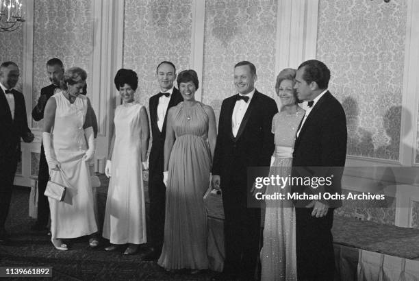President Richard Nixon and First Lady Pat Nixon host a dinner at the Century Plaza Hotel in Los Angeles for the Apollo 11 astronauts, after their...