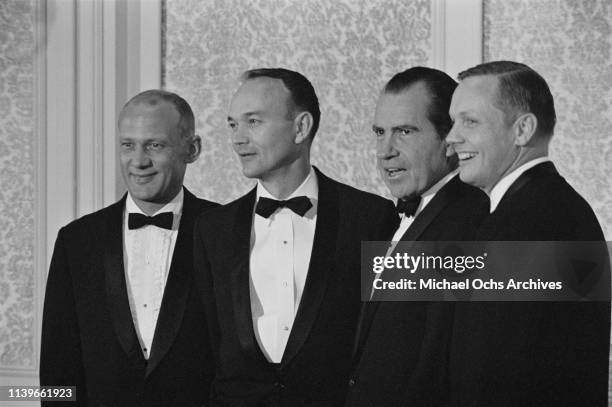 President Richard Nixon hosts a dinner at the Century Plaza Hotel in Los Angeles for the Apollo 11 astronauts, after their historic lunar landing...