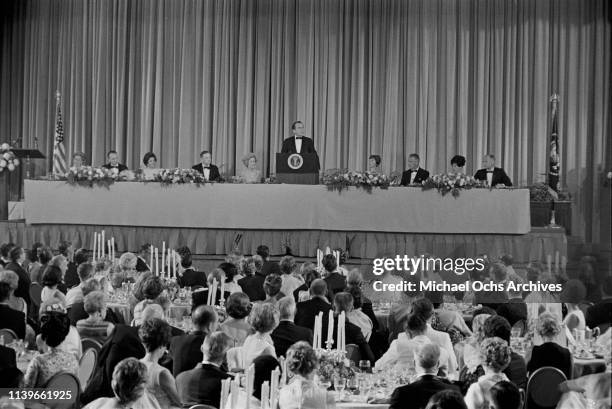 President Richard Nixon hosts a dinner at the Century Plaza Hotel in Los Angeles for the Apollo 11 astronauts, after their historic lunar landing...