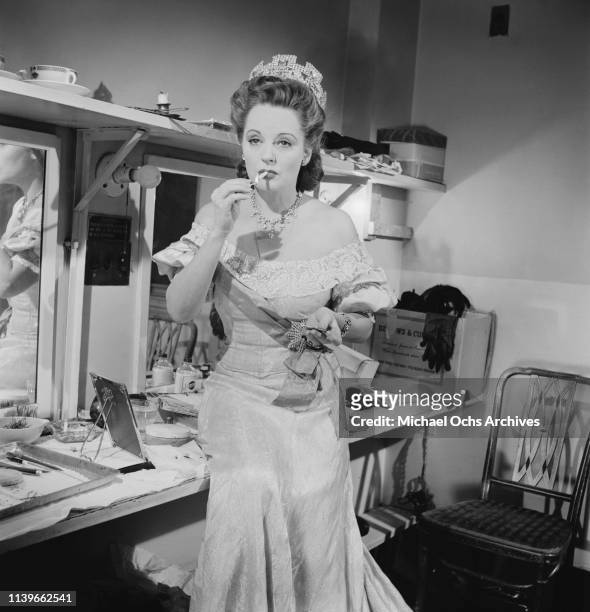 American actress Tallulah Bankhead in costume for her role in the Jean Cocteau play 'The Eagle Has Two Heads' on Broadway, New York City, 1947.