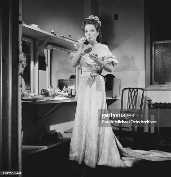 American actress Tallulah Bankhead in costume for her role in the Jean Cocteau play 'The Eagle Has Two Heads' on Broadway, New York City, 1947.