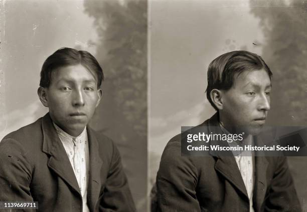 Dual quarter-length studio portraits of George Hindsley in front of a painted backdrop, Black River Falls, Wisconsin, 1910. George reportedly died in...